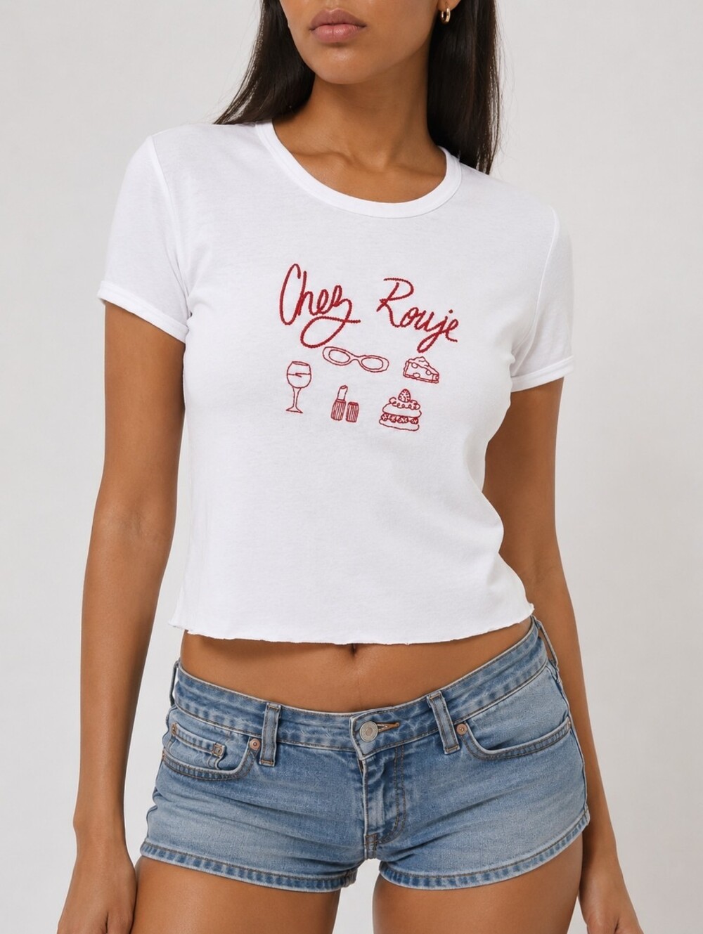 Rouje Paris Chez Rouje Embroidered Graphic Baby Tee White Crop Top Raw Hem FR 38